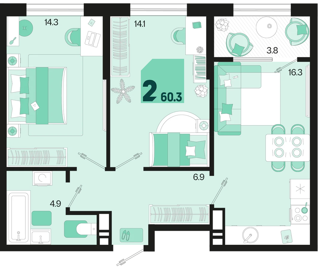 Планировка 2-комн. квартира, 60.3 м² ЖК «Первое место»