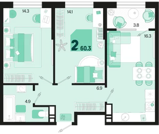 Планировка 2-комн. квартира, 60.3 м² ЖК «Первое место»
