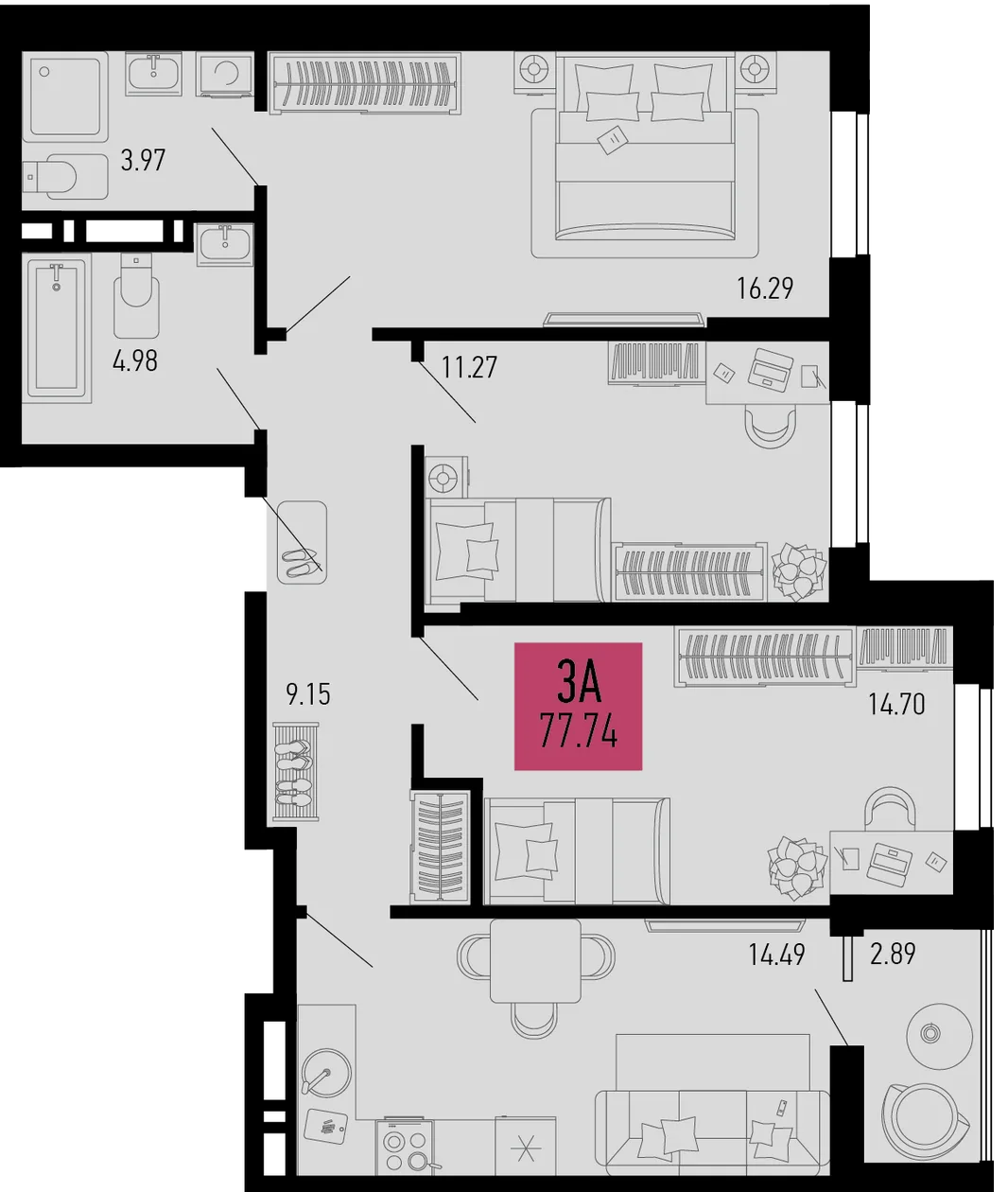 Планировка 3-комн. квартира, 77.74 м² ЖК «Столицыно»