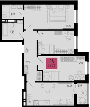 Планировка 3-комн. квартира, 77.74 м² ЖК «Столицыно»