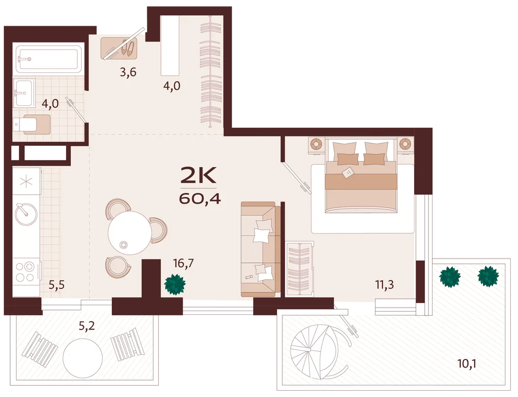 Планировка 2-комн. квартира, 60.4 м² ЖК «Роялта»