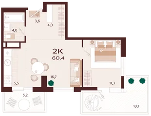 Планировка 2-комн. квартира, 60.4 м² ЖК «Роялта»