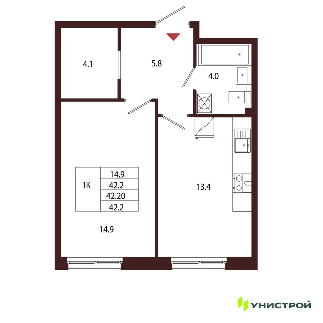 Планировка 1-комн. квартира, 42.2 м² ЖК «Лисино»
