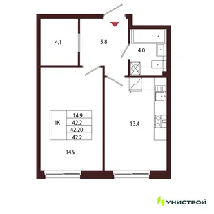 Планировка 1-комн. квартира, 42.2 м² ЖК «Лисино»