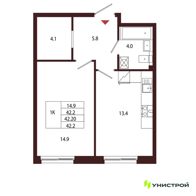 Планировка 1-комн. квартира, 42.2 м² ЖК «Лисино» Планировка 1-комн. квартира, 42.2 м² ЖК «Лисино»