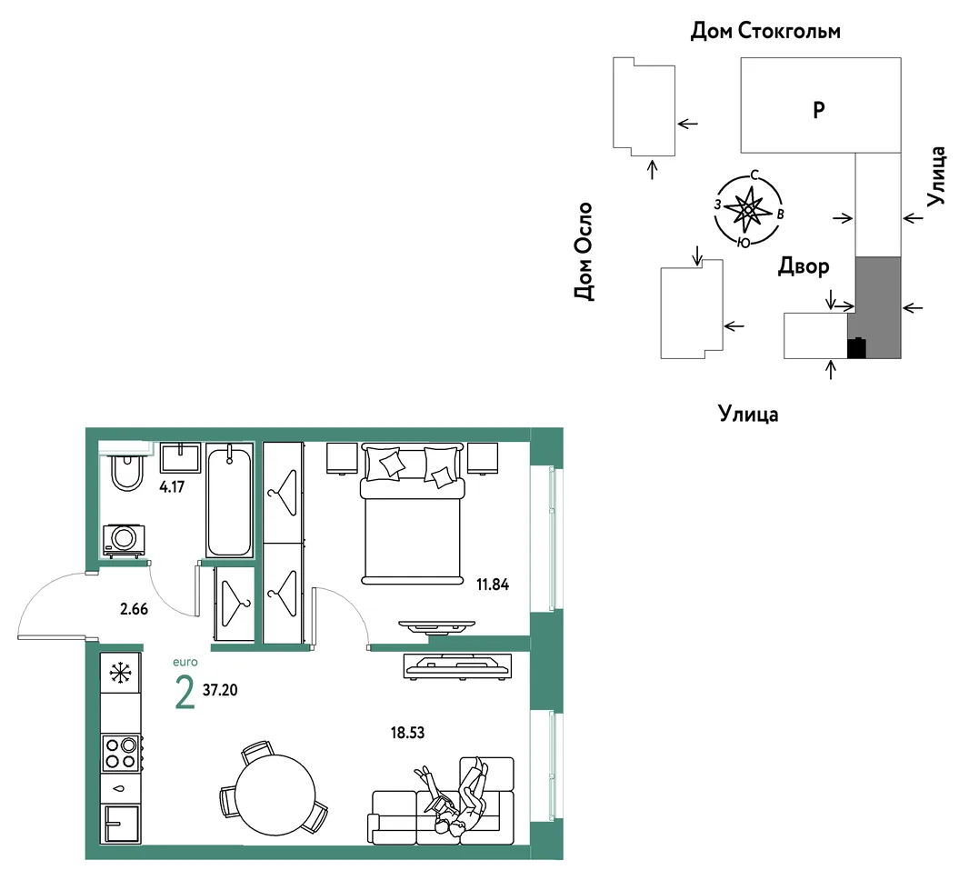 Планировка 2-комн. квартира, 37.2 м² ЖК «Европейский берег 2.0»