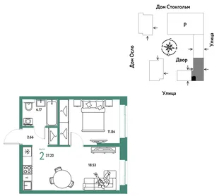 Планировка 2-комн. квартира, 37.2 м² ЖК «Европейский берег 2.0»