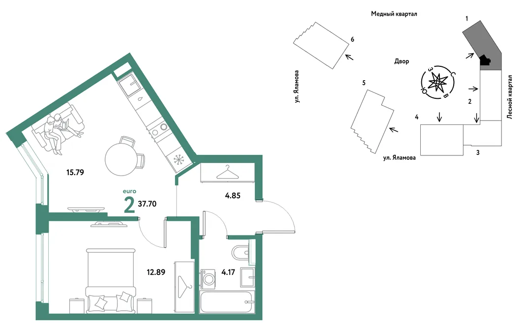 Планировка 2-комн. квартира, 37.7 м² ЖК «Сибирский сад»