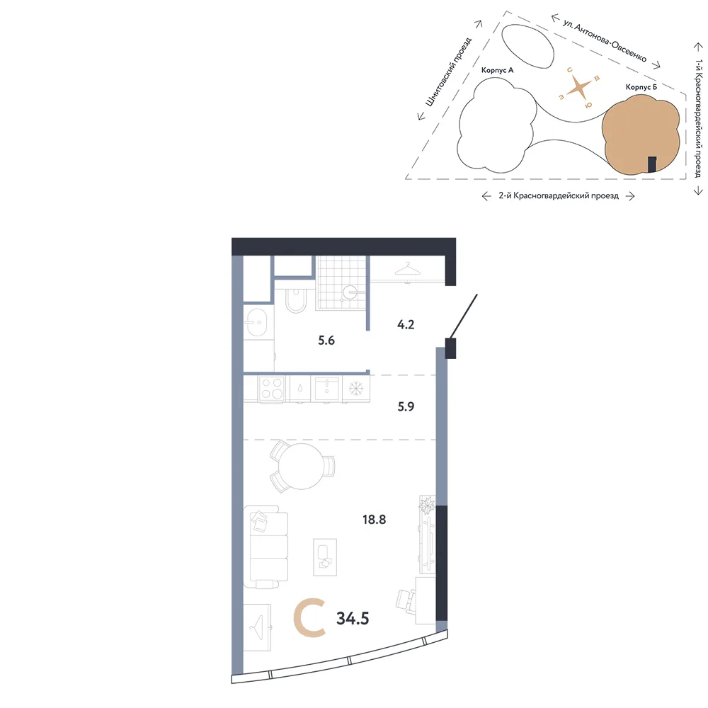 Планировка Студия, 34.5 м² ЖК «АУРУС Резиденции»