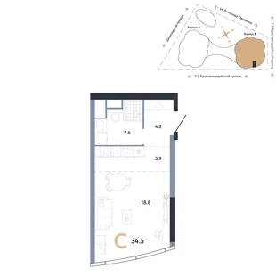 Планировка Студия, 34.5 м² ЖК «АУРУС Резиденции»