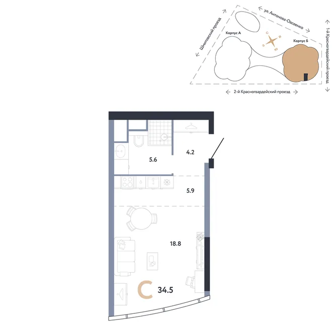 Планировка Студия, 34.5 м² ЖК «АУРУС Резиденции» Планировка Студия, 34.5 м² ЖК «АУРУС Резиденции»