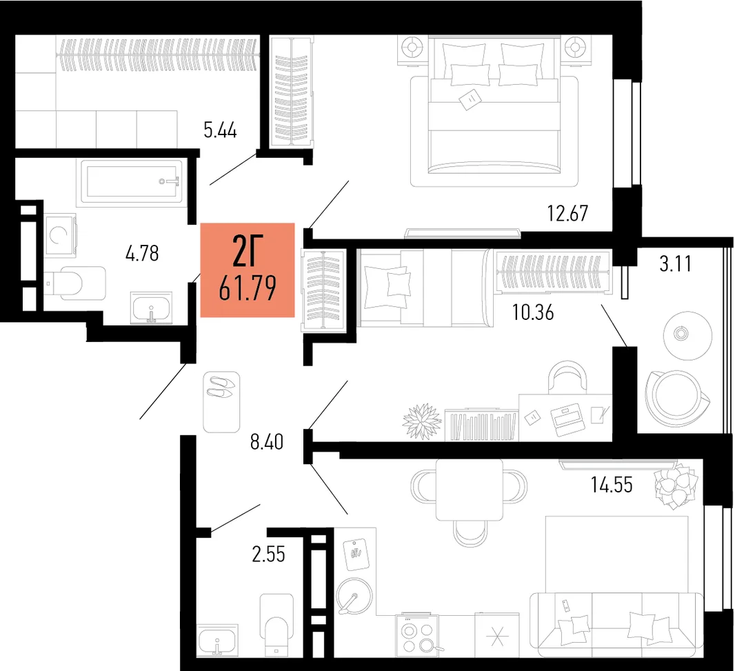 Планировка 2-комн. квартира, 61.79 м² ЖК «Столицыно»