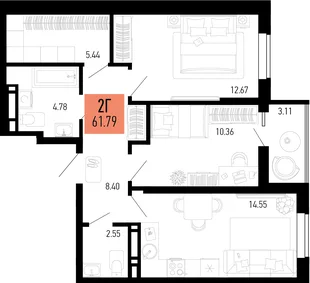 Планировка 2-комн. квартира, 61.79 м² ЖК «Столицыно»
