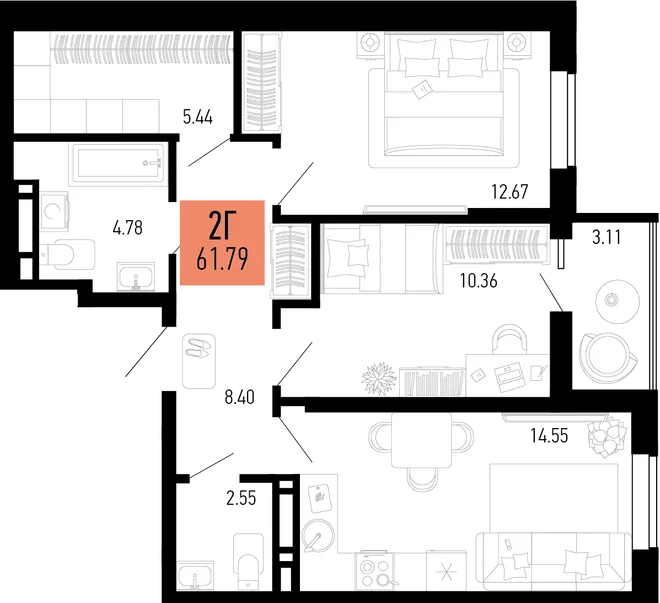Планировка 2-комн. квартира, 61.79 м² ЖК «Столицыно» Планировка 2-комн. квартира, 61.79 м² ЖК «Столицыно»