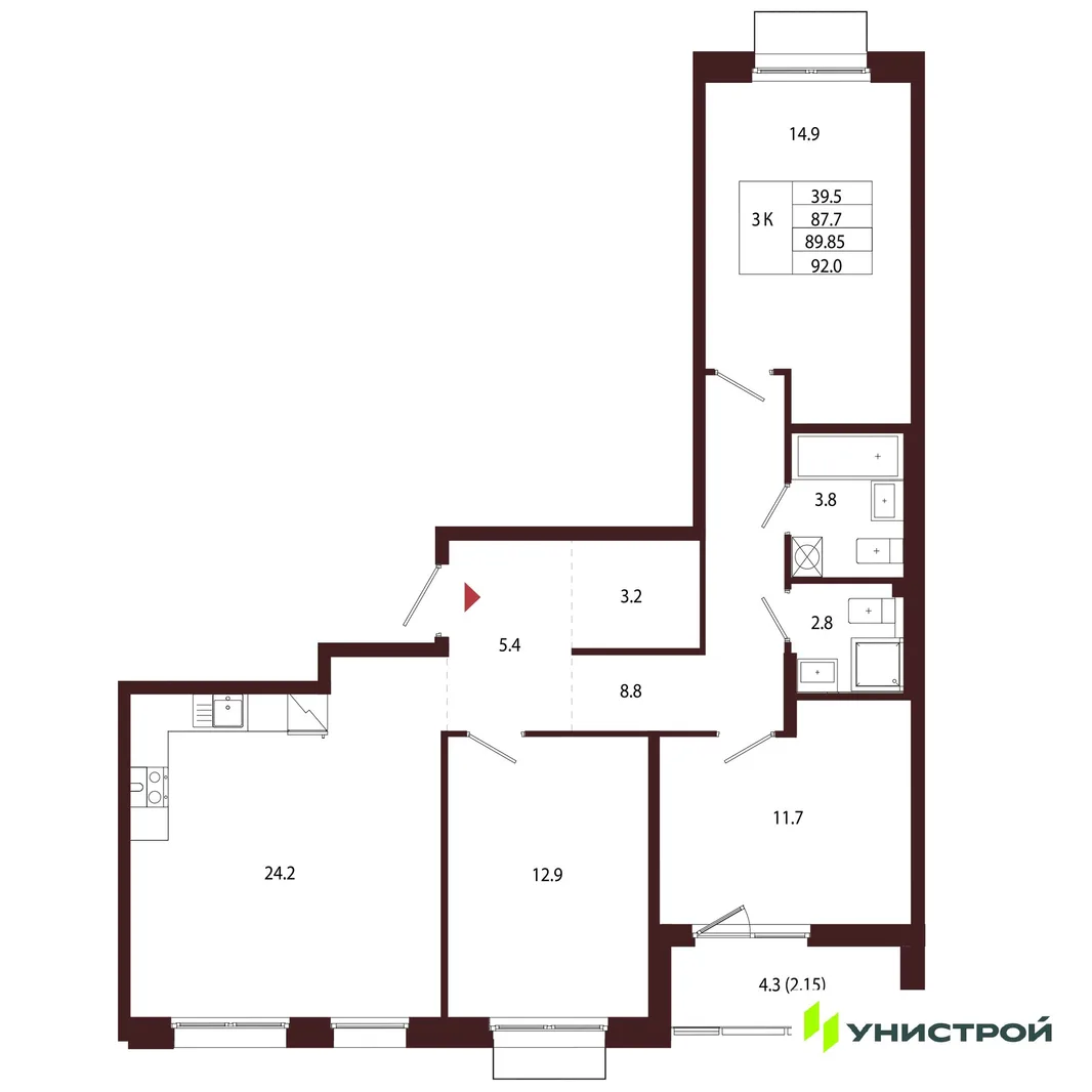 Планировка 3-комн. квартира, 89.85 м² ЖК «Лисино»