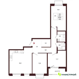 Планировка 3-комн. квартира, 89.85 м² ЖК «Лисино»