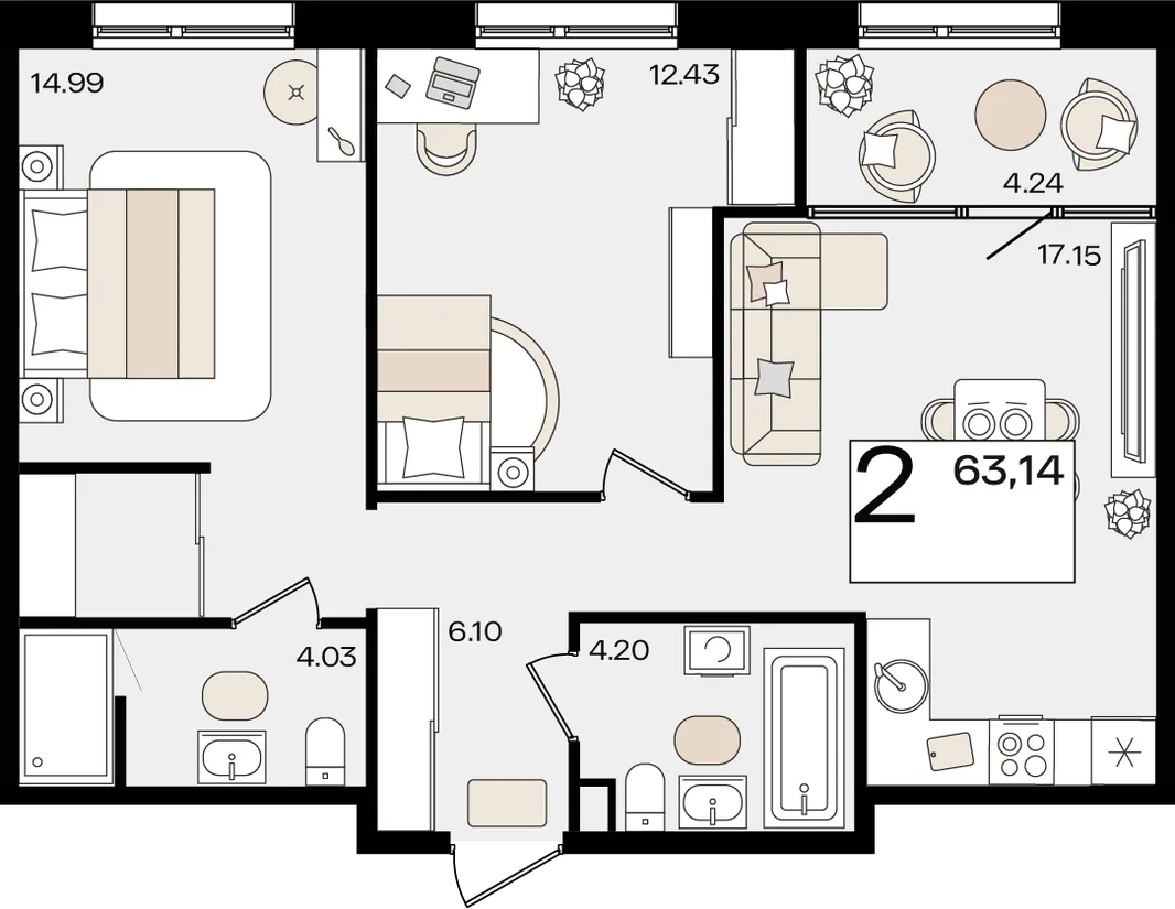 Планировка 2-комн. квартира, 63.14 м² ЖК «Патрики»