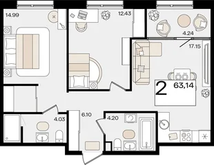 Планировка 2-комн. квартира, 63.14 м² ЖК «Патрики»