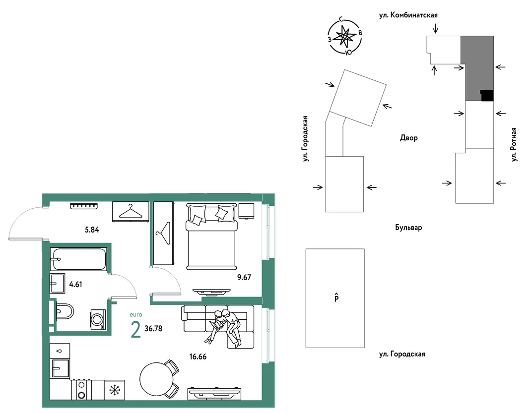 Планировка 2-комн. квартира, 36.78 м² ЖК «Уральский сад»