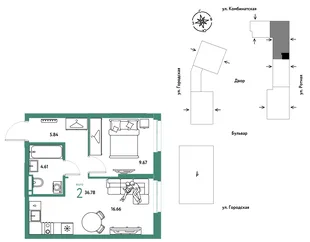 Планировка 2-комн. квартира, 36.78 м² ЖК «Уральский сад»