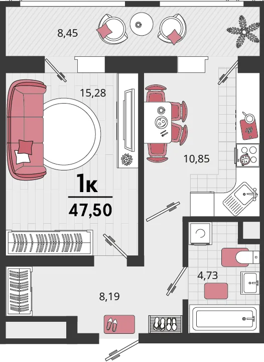 Планировка 1-комн. квартира, 47.5 м² ЖК «Родные просторы»