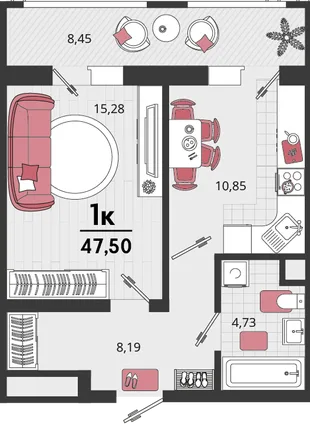 Планировка 1-комн. квартира, 47.5 м² ЖК «Родные просторы»