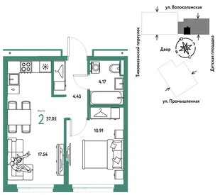 Планировка 2-комн. квартира, 37.05 м² ЖК «Страна Прибрежная»