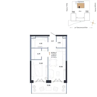 Планировка 1-комн. квартира, 63.96 м² ЖК «Репаблик»