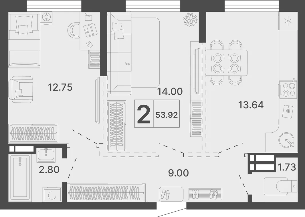 Планировка 2-комн. квартира, 53.92 м² ЖК «Светский лес»