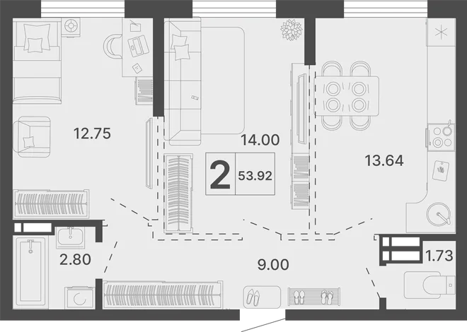 Планировка 2-комн. квартира, 53.92 м² ЖК «Светский лес» Планировка 2-комн. квартира, 53.92 м² ЖК «Светский лес»