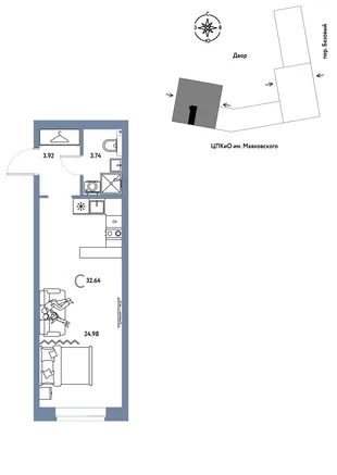 Планировка Студия, 32.64 м² ЖК «Сибирский сад»