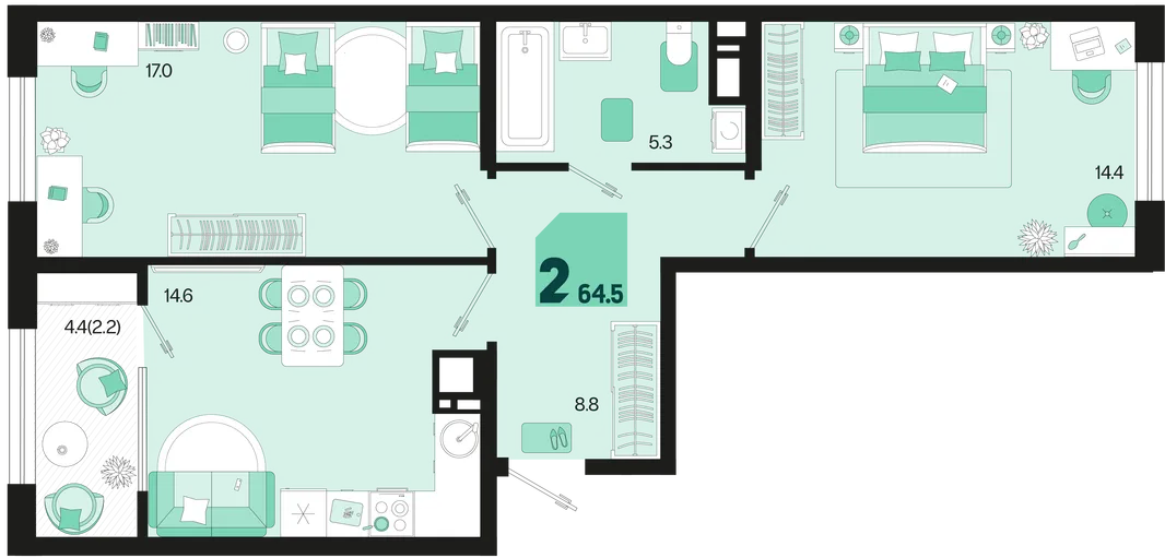 Планировка 2-комн. квартира, 64.5 м² ЖК «Первое место»