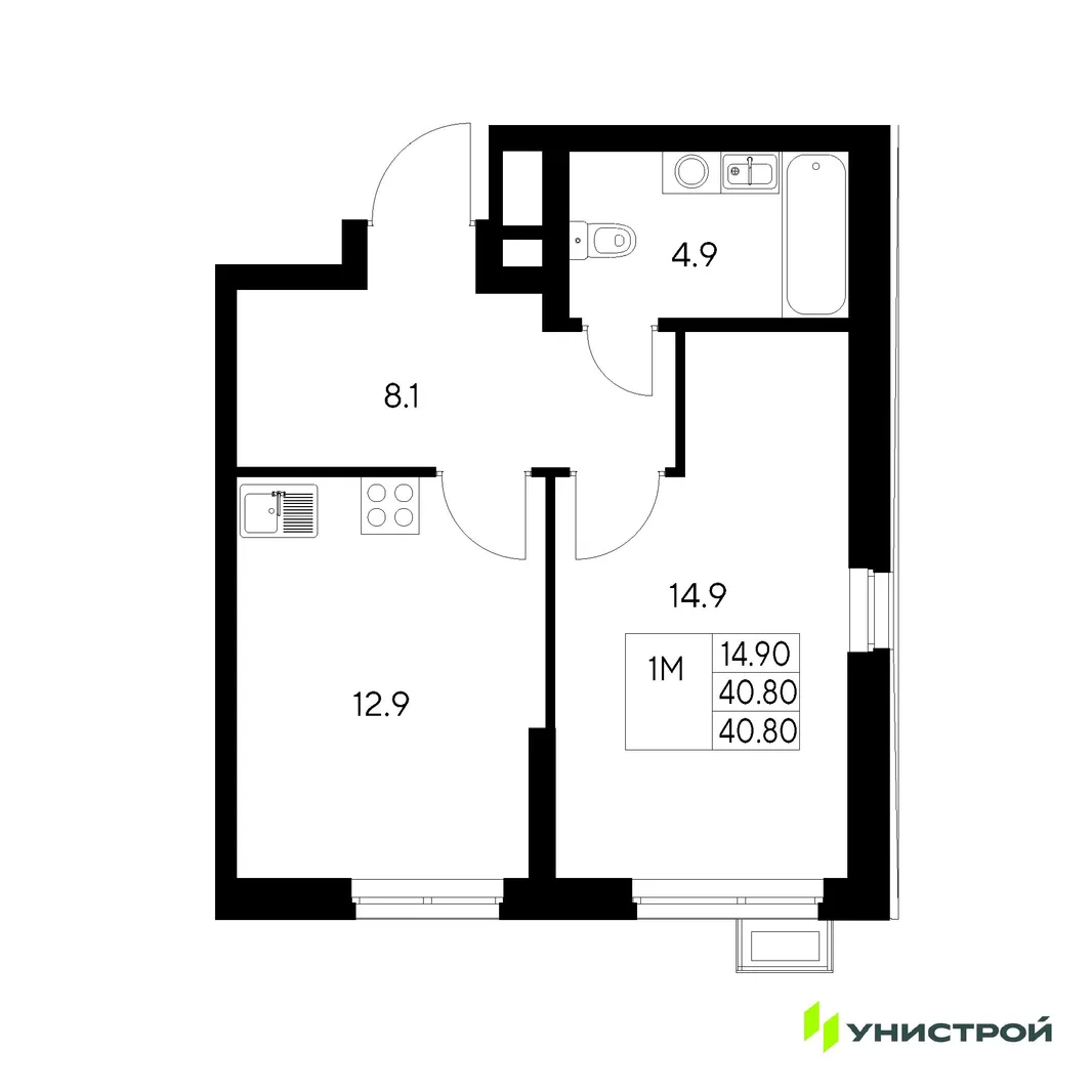 Планировка 1-комн. квартира, 40.8 м² ЖК «Стадиум»