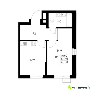 Планировка 1-комн. квартира, 40.8 м² ЖК «Стадиум»