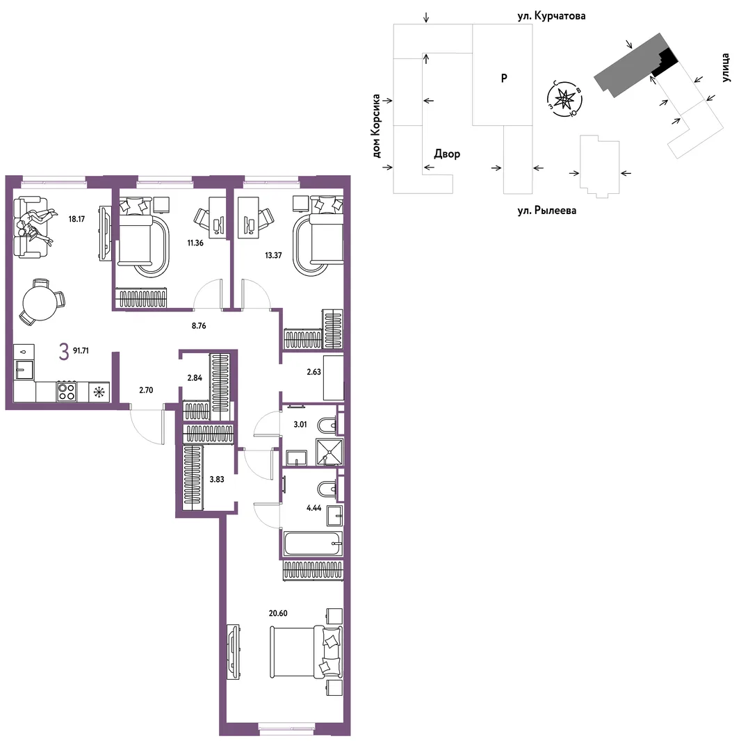 Планировка 3-комн. квартира, 92.16 м² ЖК «Остров-сад»