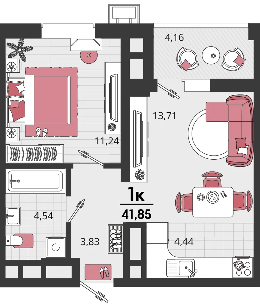 Планировка 2-комн. квартира, 41.85 м² ЖК «Родные просторы»