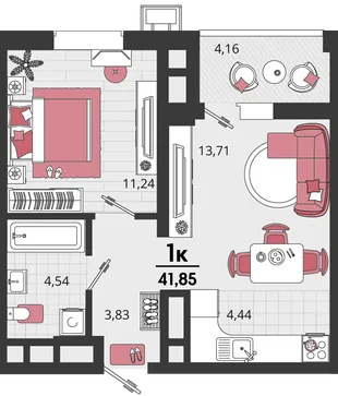 Планировка 2-комн. квартира, 41.85 м² ЖК «Родные просторы»