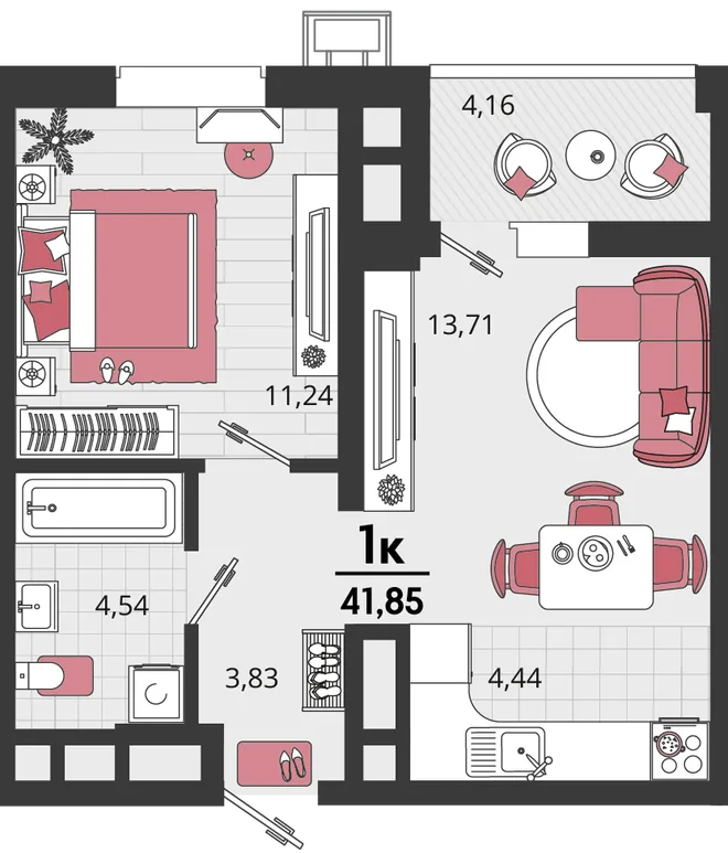 Планировка 2-комн. квартира, 41.85 м² ЖК «Родные просторы»