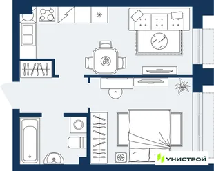 Планировка 1-комн. квартира, 34.66 м² ЖК «ГРАНД БЕРЕГ»