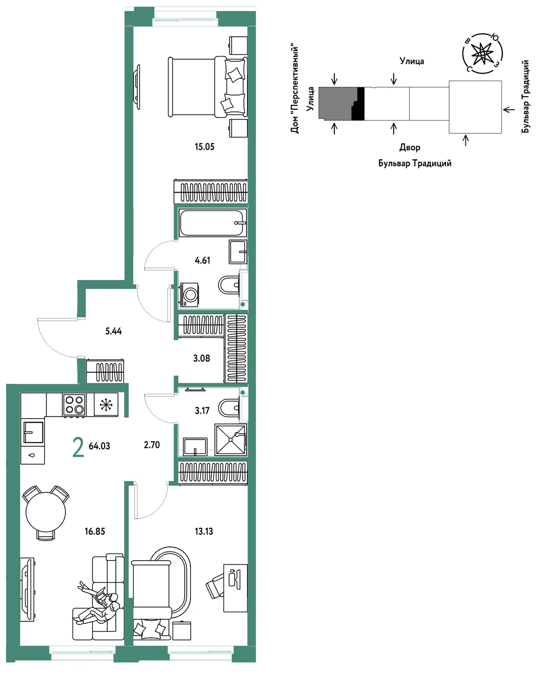 Планировка 2-комн. квартира, 64.03 м² ЖК «Микрорайон Домашний»