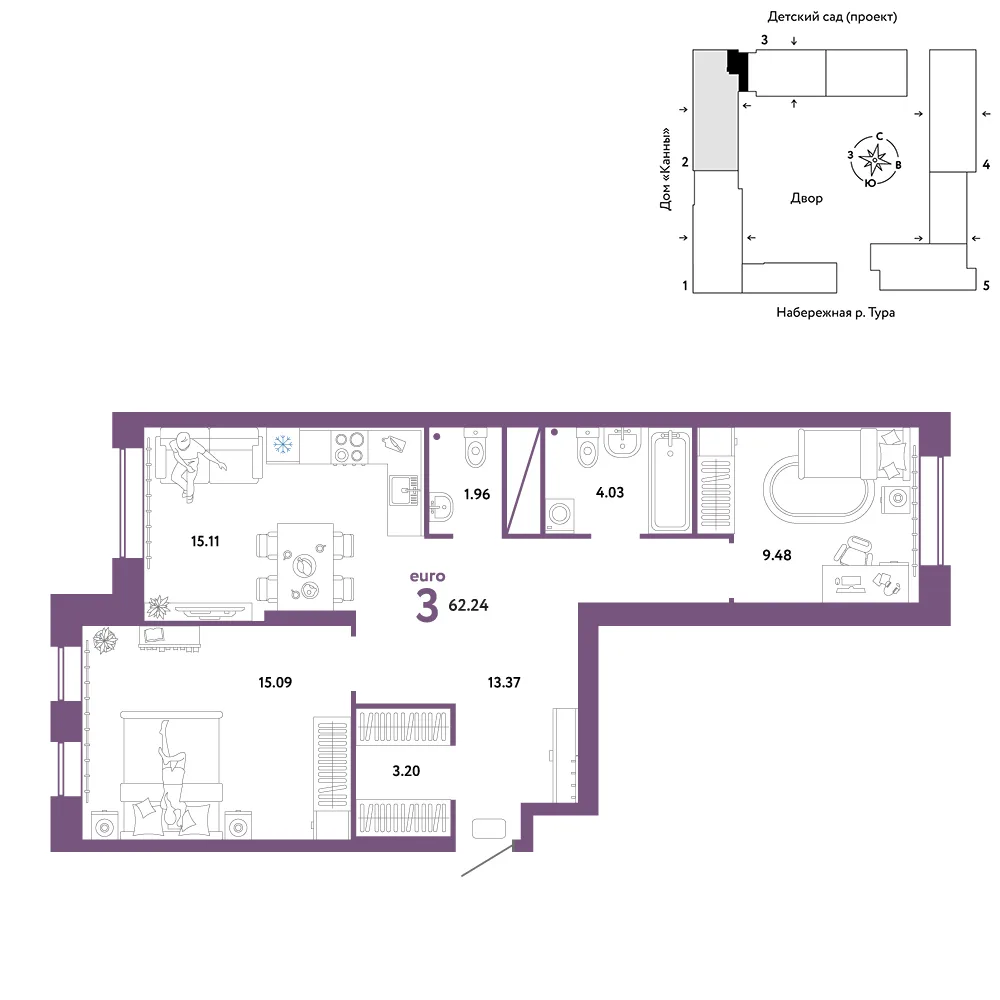 Планировка 3-комн. квартира, 62.24 м² ЖК «Европейский берег 2.0»
