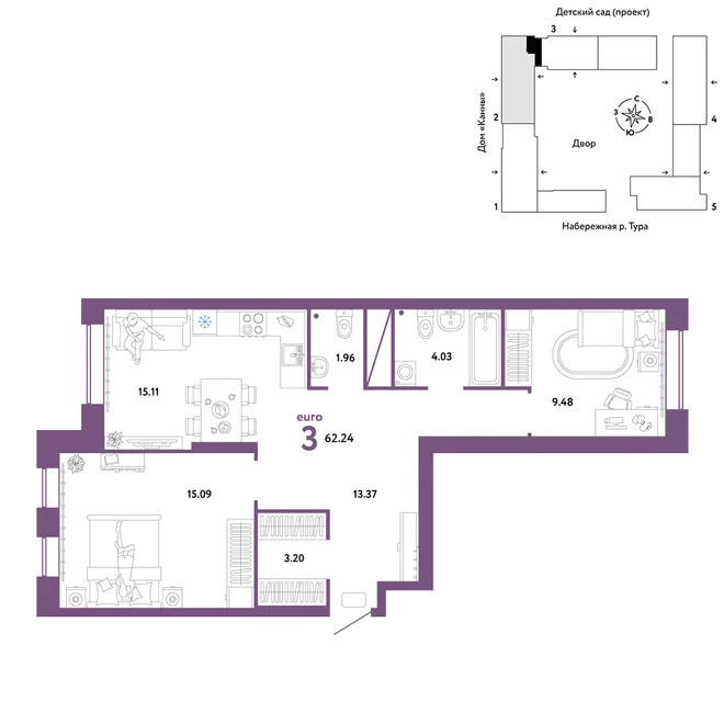 Планировка 3-комн. квартира, 62.24 м² ЖК «Европейский берег 2.0» Планировка 3-комн. квартира, 62.24 м² ЖК «Европейский берег 2.0»
