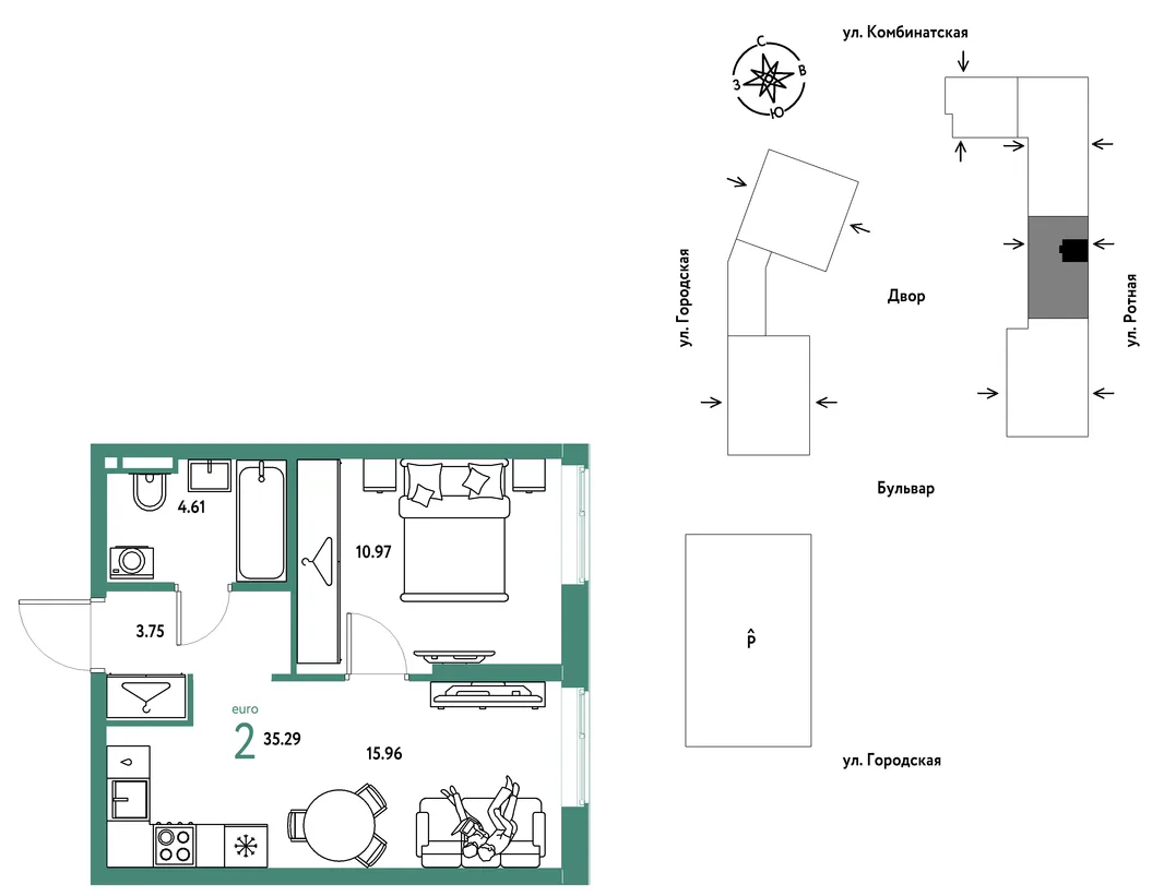 Планировка 2-комн. квартира, 35.29 м² ЖК «Уральский сад»