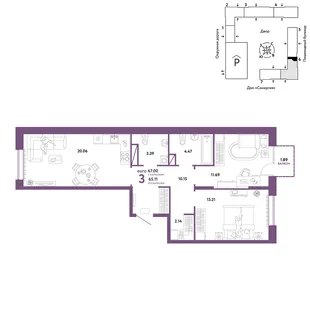 Планировка 3-комн. квартира, 67 м² ЖК «Юнион»