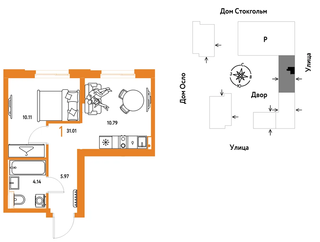 Планировка 1-комн. квартира, 31.01 м² ЖК «Европейский берег 2.0»
