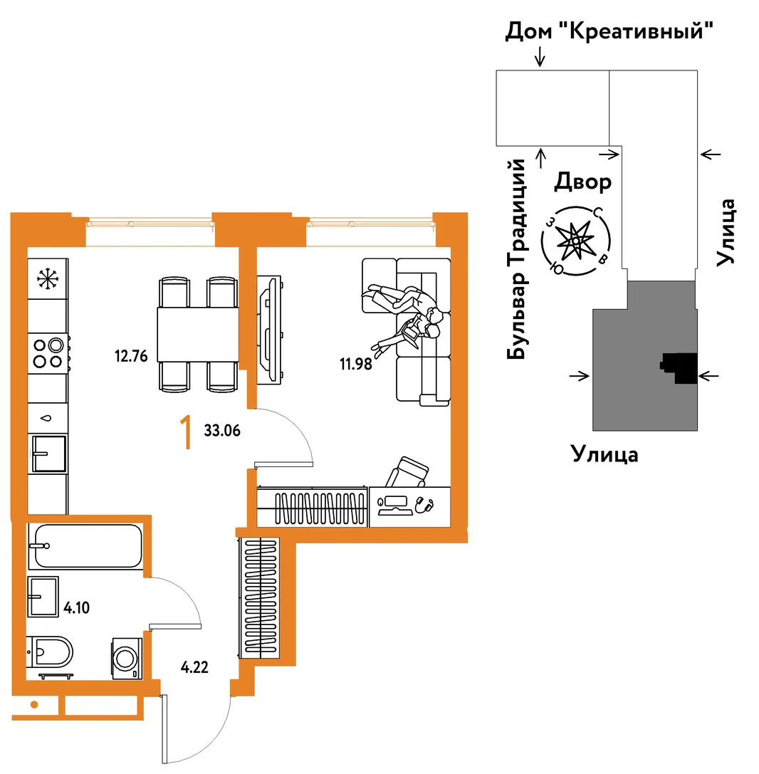 Планировка 1-комн. квартира, 33.06 м² ЖК «Микрорайон Домашний»