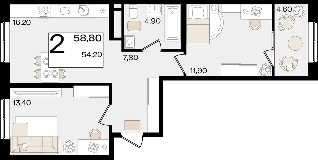 Планировка 2-комн. квартира, 58.8 м² ЖК «Патрики»