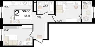 Планировка 2-комн. квартира, 58.8 м² ЖК «Патрики»