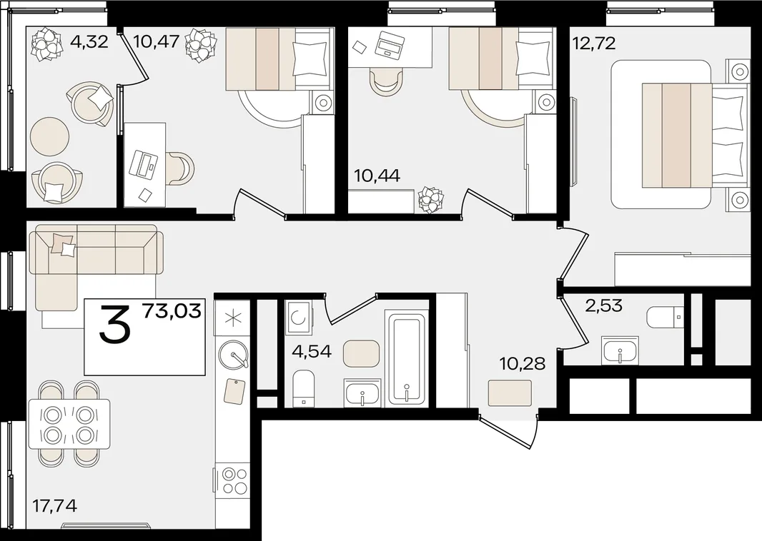 Планировка 3-комн. квартира, 73.03 м² ЖК «Патрики»