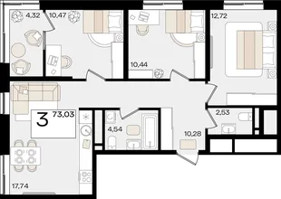 Планировка 3-комн. квартира, 73.03 м² ЖК «Патрики»